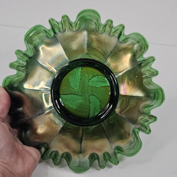 Vintage FENTON Carnival Glass THISTLE GREEN Ruffled Edge 9" Iridescent Bowl - Picture 9 of 11